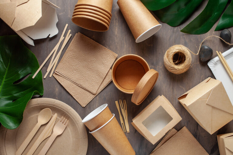A picture of various recyclable party utensils.