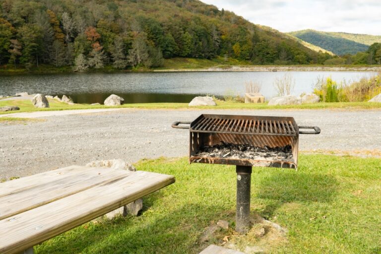 Free public use charcoal grill and grates made of steel next to the picnic table at lakefront camp and picnic ground in mountain destination town for fishing boating vacation during tourist season 