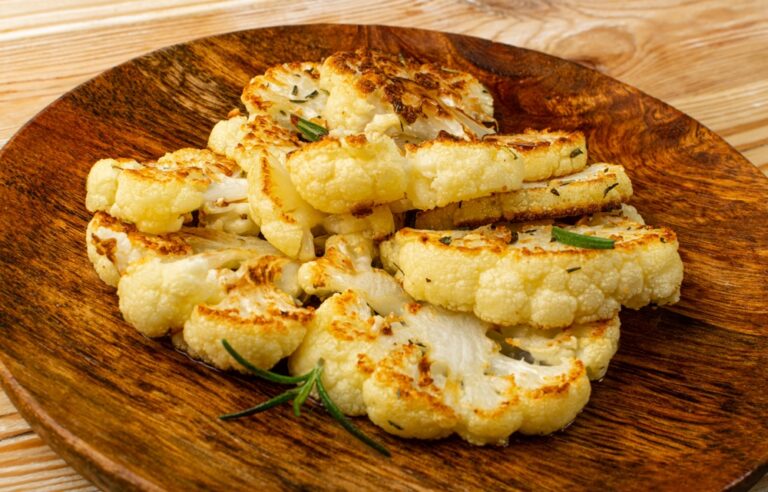 Grilled Cauliflower slices on a white plate with microgreens